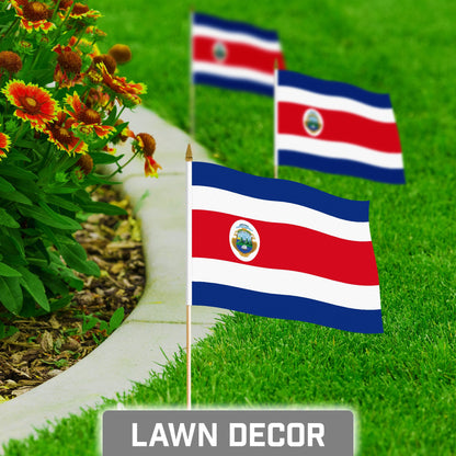G128 12 Pack Handheld Costa Rica Costa Rican Stick Flags | 8x12 In | Printed 150D Polyester, Country Flag, Solid Wooden Stick, Spear Gold Tip