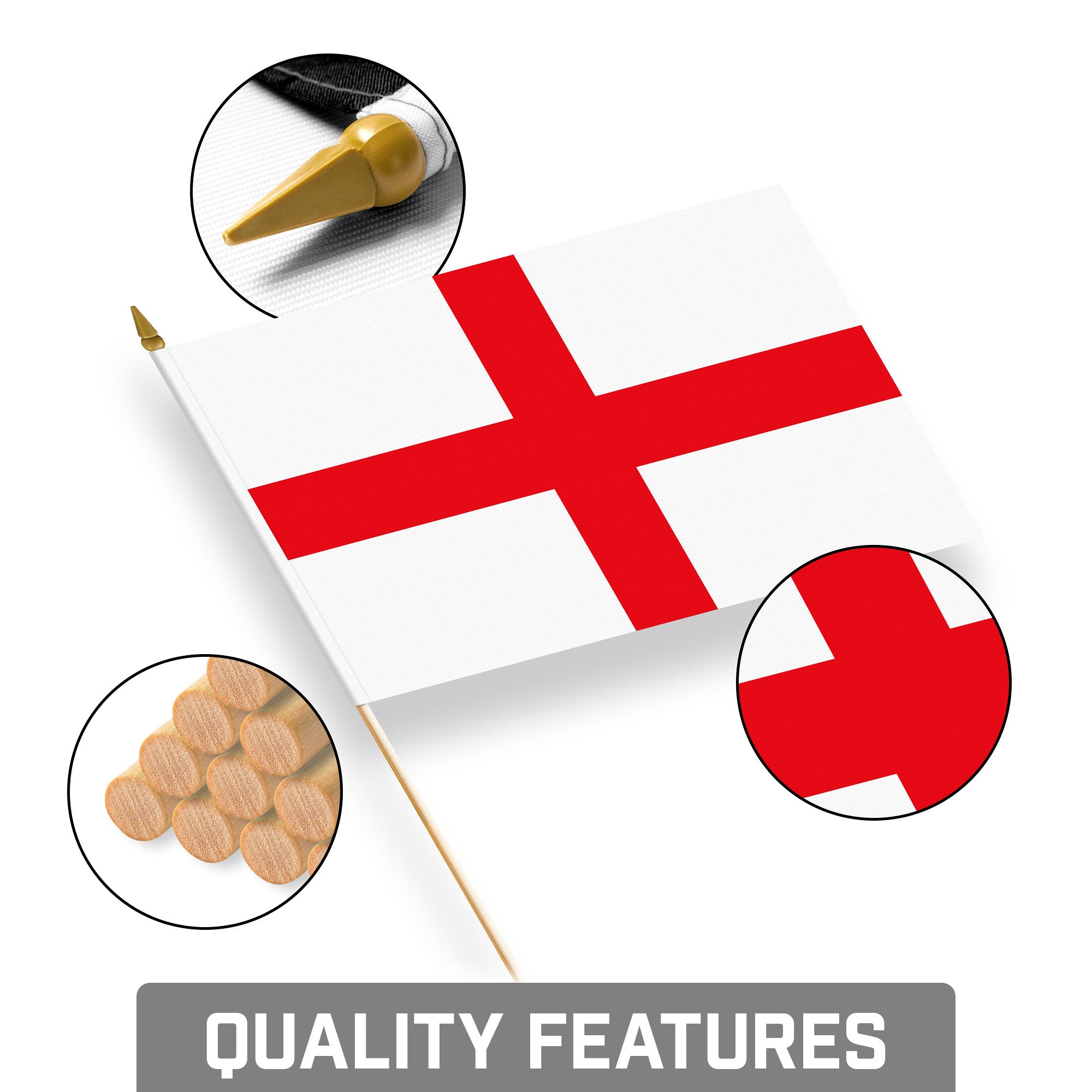 G128 12 Pack Handheld England English Stick Flags | 8x12 In | Printed 150D Polyester, Country Flag, Solid Wooden Stick, Spear Gold Tip