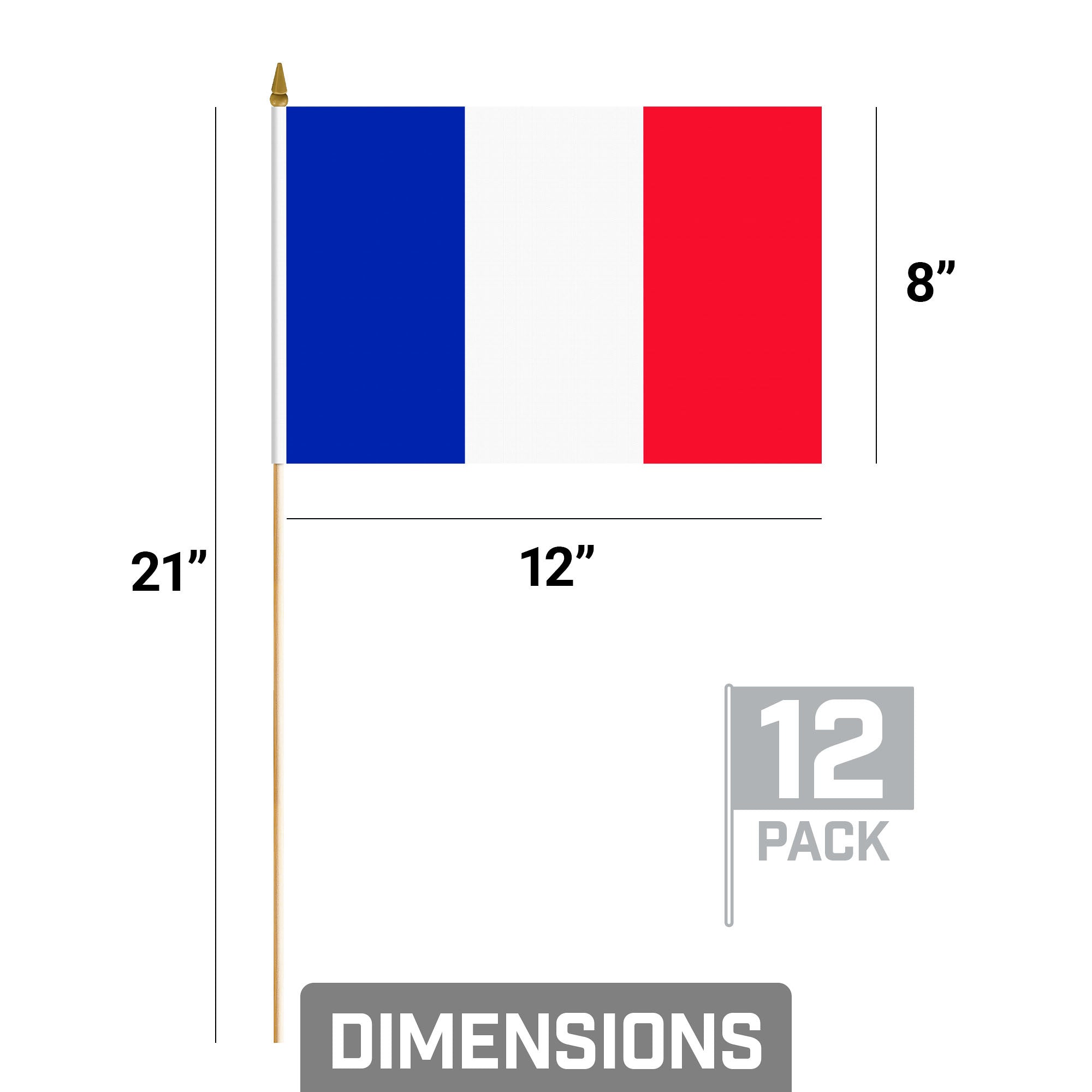 G128 12 Pack Handheld France French Stick Flags | 8x12 In | Printed 150D Polyester, Country Flag, Solid Wooden Stick, Spear Gold Tip