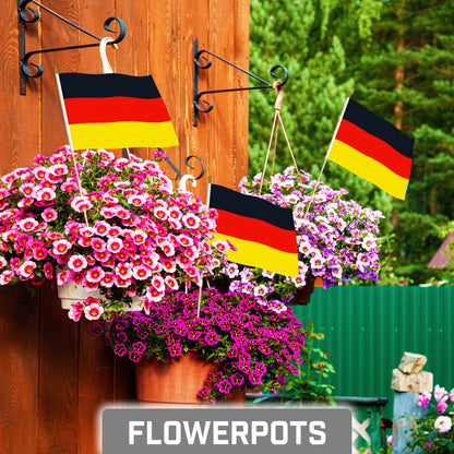 G128 12 Pack Handheld Germany German Stick Flags | 8x12 In | Printed 150D Polyester, Country Flag, Solid Wooden Stick, Spear Gold Tip