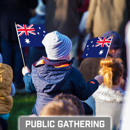 G128 50 Pack Handheld Australia Australian Stick Flags | 8x12 In | Printed 150D Polyester, Country Flag, Solid Wooden Stick, Spear Gold Tip