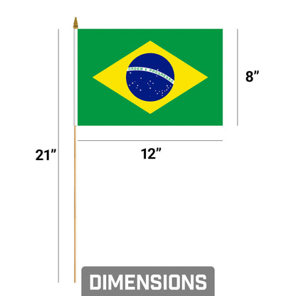 G128 12 Pack Handheld Brazil Brazilian Stick Flags | 8x12 In | Printed 150D Polyester, Country Flag, Solid Wooden Stick, Spear Gold Tip