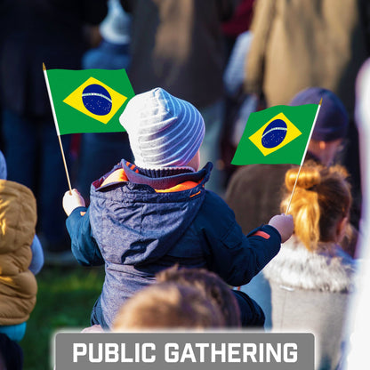 G128 50 Pack Handheld Brazil Brazilian Stick Flags | 8x12 In | Printed 150D Polyester, Country Flag, Solid Wooden Stick, Spear Gold Tip