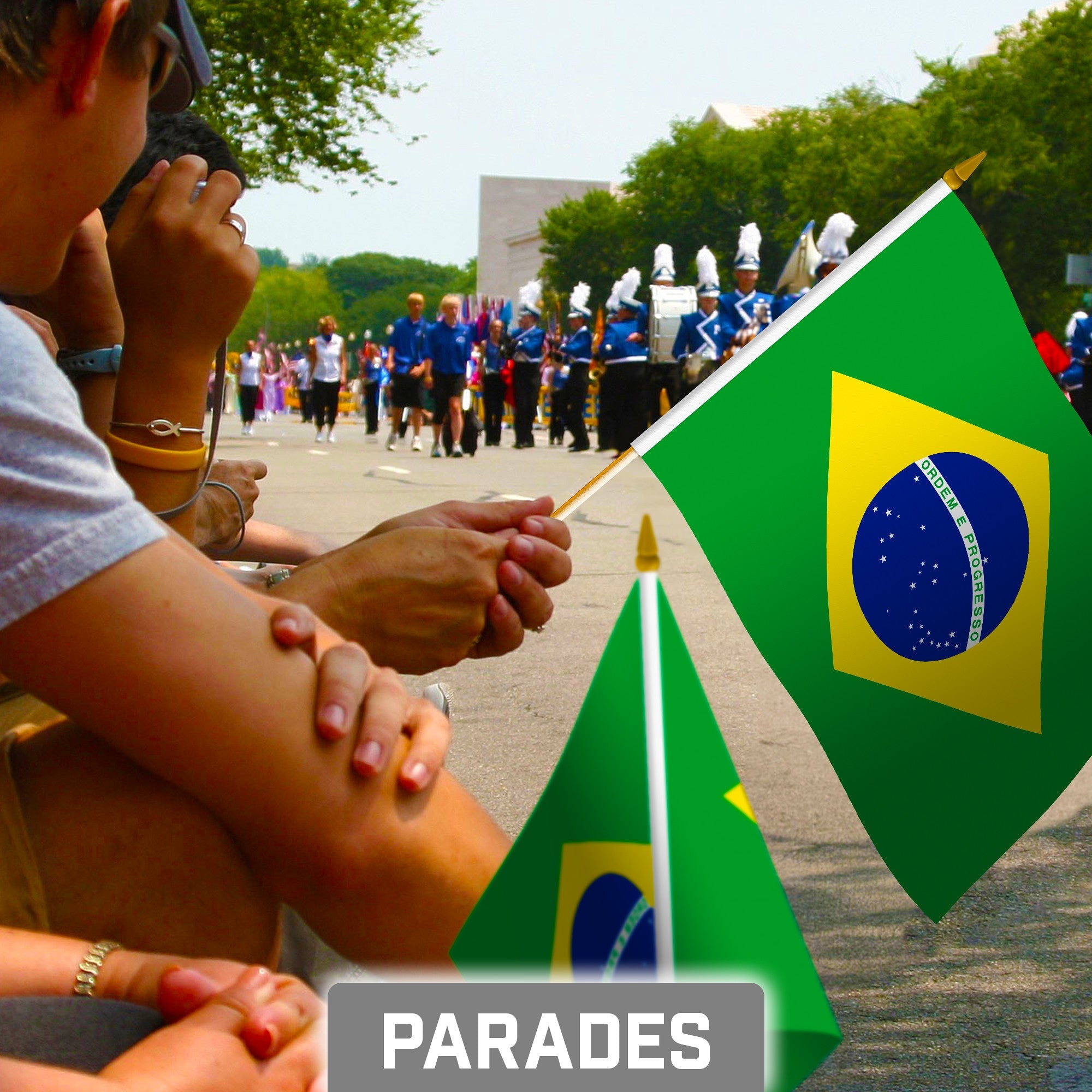 G128 50 Pack Handheld Brazil Brazilian Stick Flags | 8x12 In | Printed 150D Polyester, Country Flag, Solid Wooden Stick, Spear Gold Tip