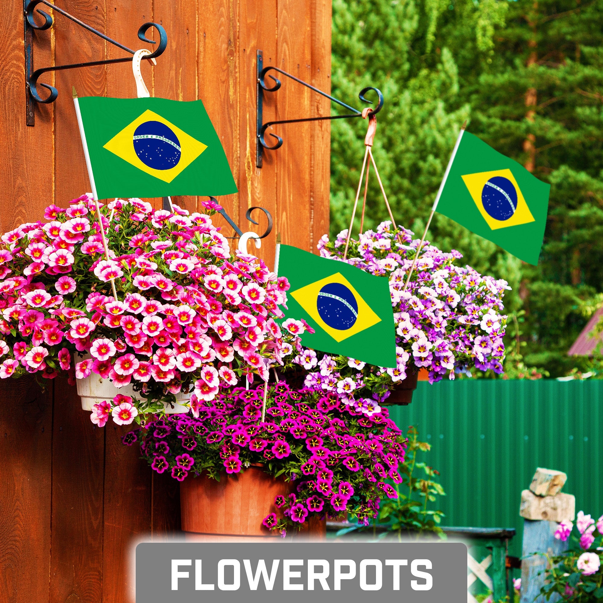 G128 24 Pack Handheld Brazil Brazilian Stick Flags | 8x12 In | Printed 150D Polyester, Country Flag, Solid Wooden Stick, Spear Gold Tip