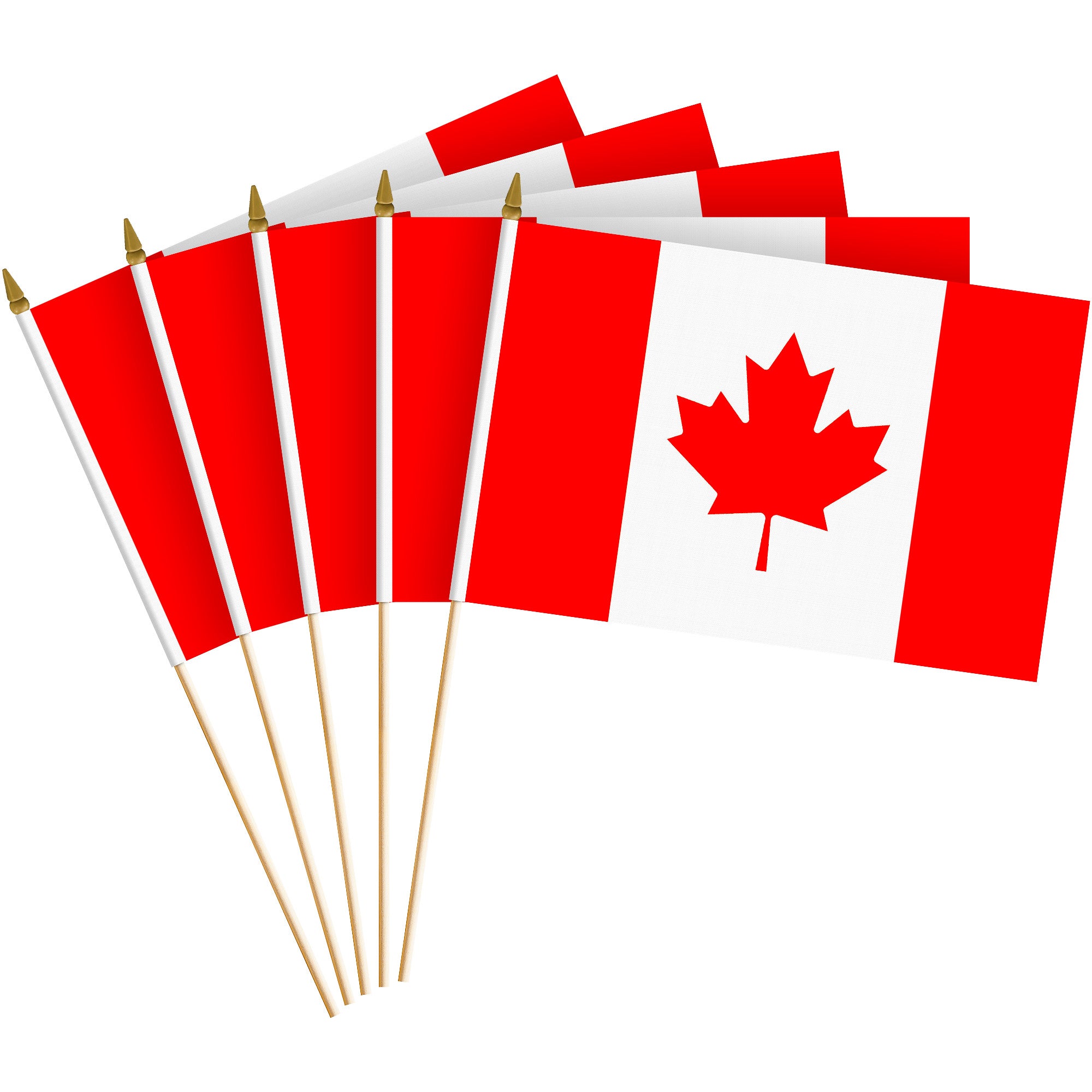 G128 50 Pack Handheld Canada Canadian Stick Flags | 8x12 In | Printed 150D Polyester, Country Flag, Solid Wooden Stick, Spear Gold Tip