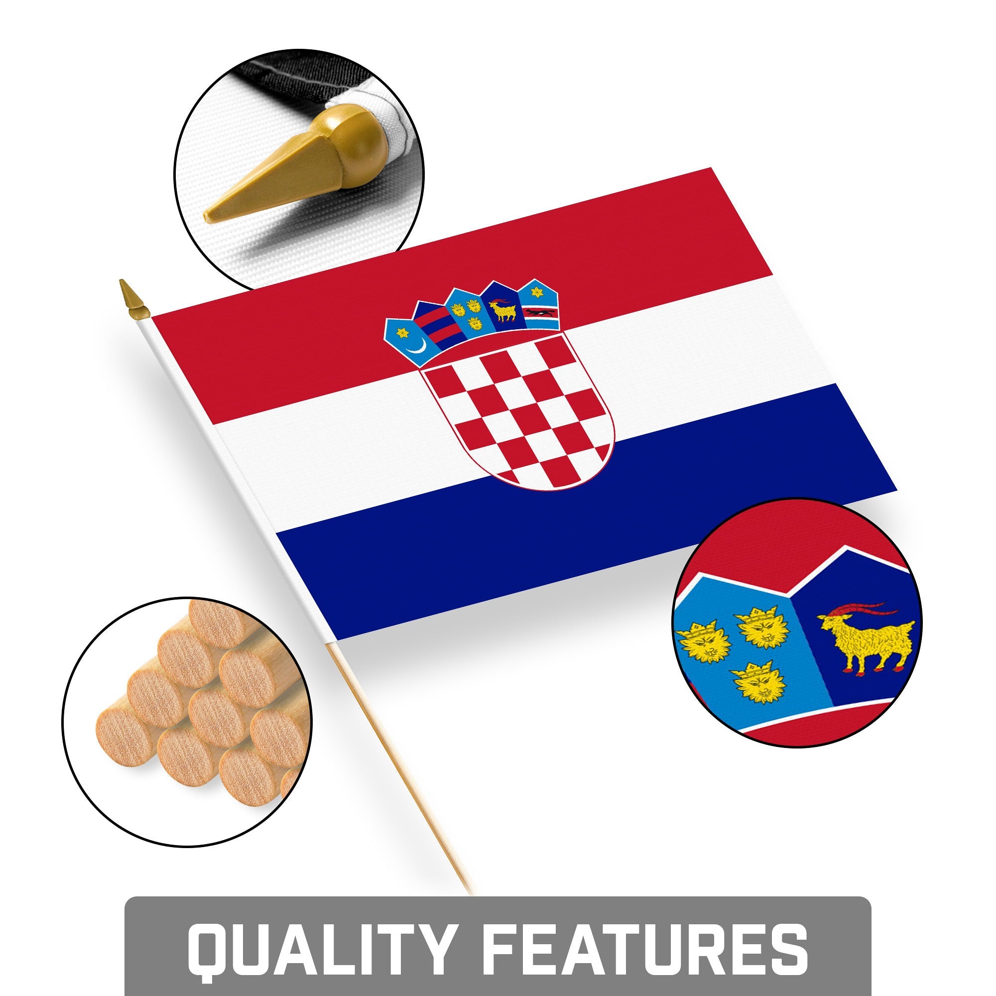 G128 12 Pack Handheld Croatia Croatian Stick Flags | 8x12 In | Printed 150D Polyester, Country Flag, Solid Wooden Stick, Spear Gold Tip