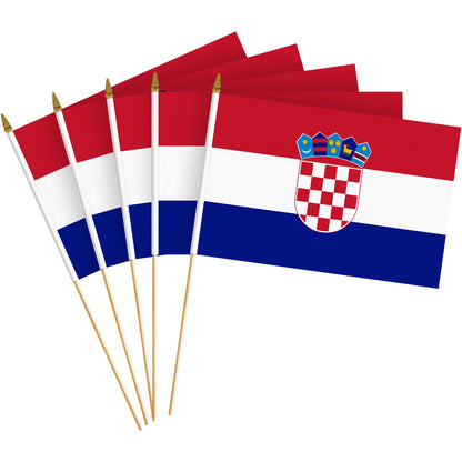 G128 12 Pack Handheld Croatia Croatian Stick Flags | 8x12 In | Printed 150D Polyester, Country Flag, Solid Wooden Stick, Spear Gold Tip
