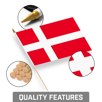 G128 30 Pack Handheld Denmark Danish Stick Flags | 8x12 In | Printed 150D Polyester, Country Flag, Solid Wooden Stick, Spear Gold Tip