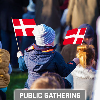G128 50 Pack Handheld Denmark Danish Stick Flags | 8x12 In | Printed 150D Polyester, Country Flag, Solid Wooden Stick, Spear Gold Tip