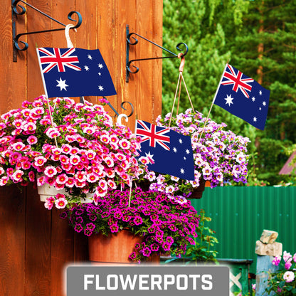 12 Pack Handheld Australia Australian Stick Flags | 8x12 In | Printed 150D Polyester, Country Flag, Solid Wooden Stick, Spear Gold Tip
