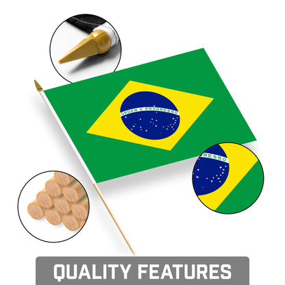 G128 12 Pack Handheld Brazil Brazilian Stick Flags | 8x12 In | Printed 150D Polyester, Country Flag, Solid Wooden Stick, Spear Gold Tip