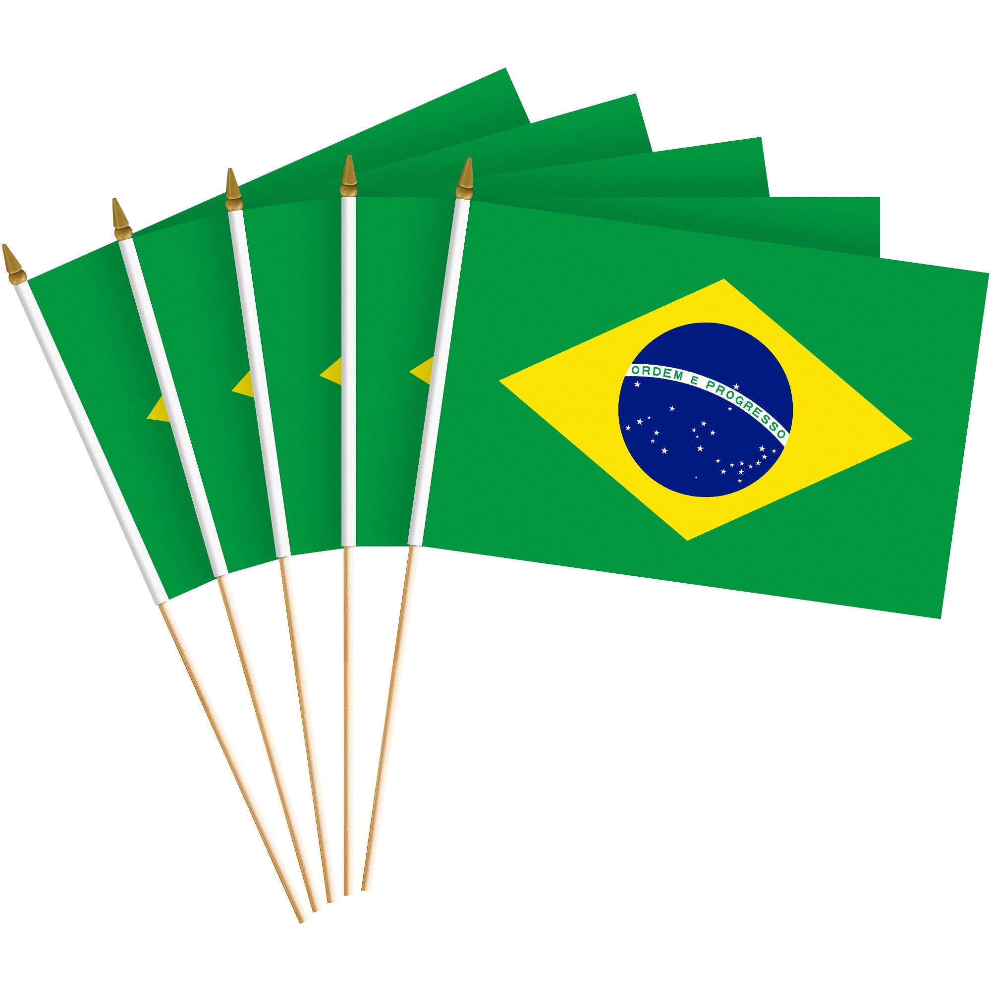 G128 12 Pack Handheld Brazil Brazilian Stick Flags | 8x12 In | Printed 150D Polyester, Country Flag, Solid Wooden Stick, Spear Gold Tip