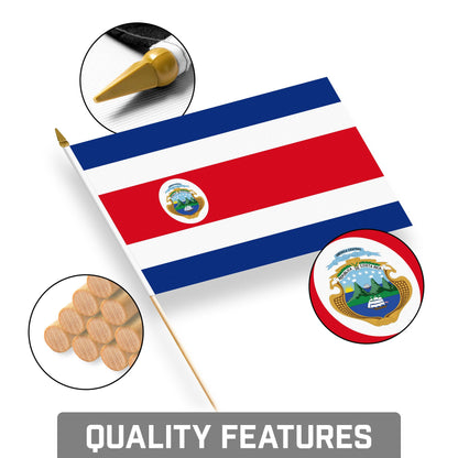G128 50 Pack Handheld Costa Rica Costa Rican Stick Flags | 8x12 In | Printed 150D Polyester, Country Flag, Solid Wooden Stick, Spear Gold Tip