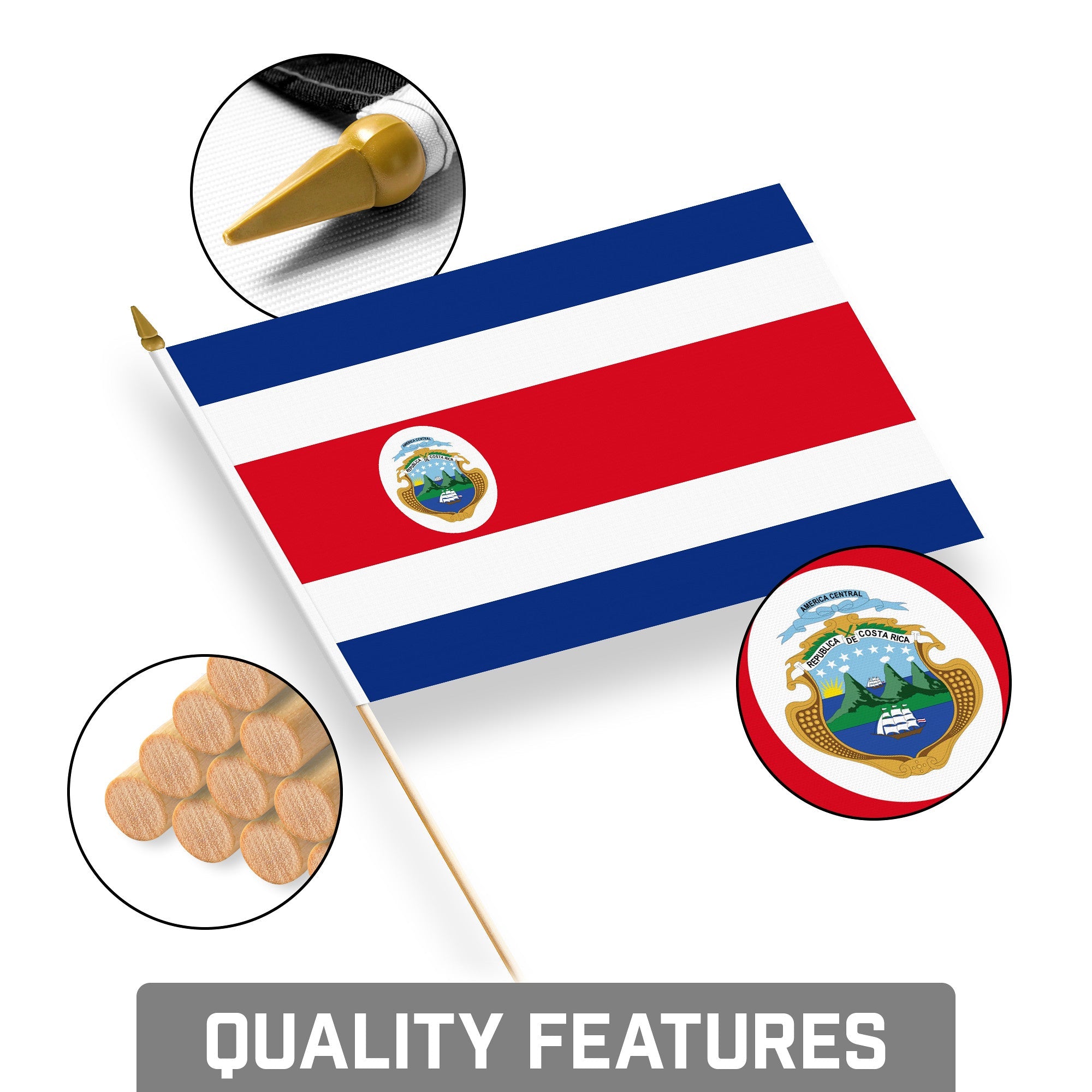 G128 24 Pack Handheld Costa Rica Costa Rican Stick Flags | 8x12 In | Printed 150D Polyester, Country Flag, Solid Wooden Stick, Spear Gold Tip