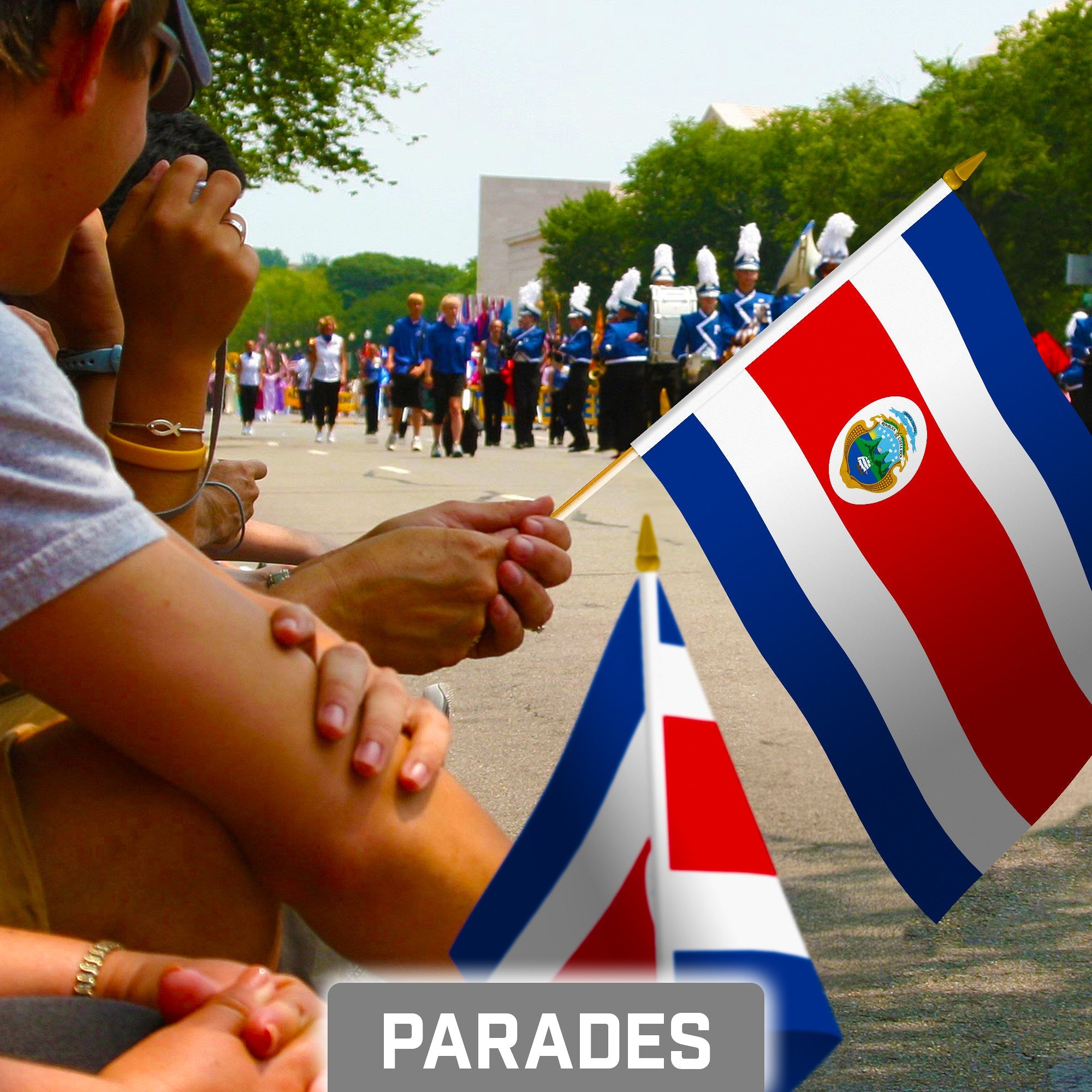 G128 30 Pack Handheld Costa Rica Costa Rican Stick Flags | 8x12 In | Printed 150D Polyester, Country Flag, Solid Wooden Stick, Spear Gold Tip