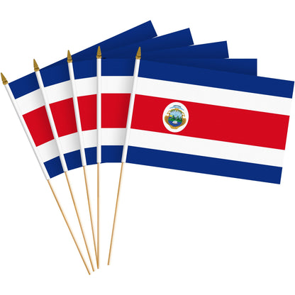 G128 24 Pack Handheld Costa Rica Costa Rican Stick Flags | 8x12 In | Printed 150D Polyester, Country Flag, Solid Wooden Stick, Spear Gold Tip