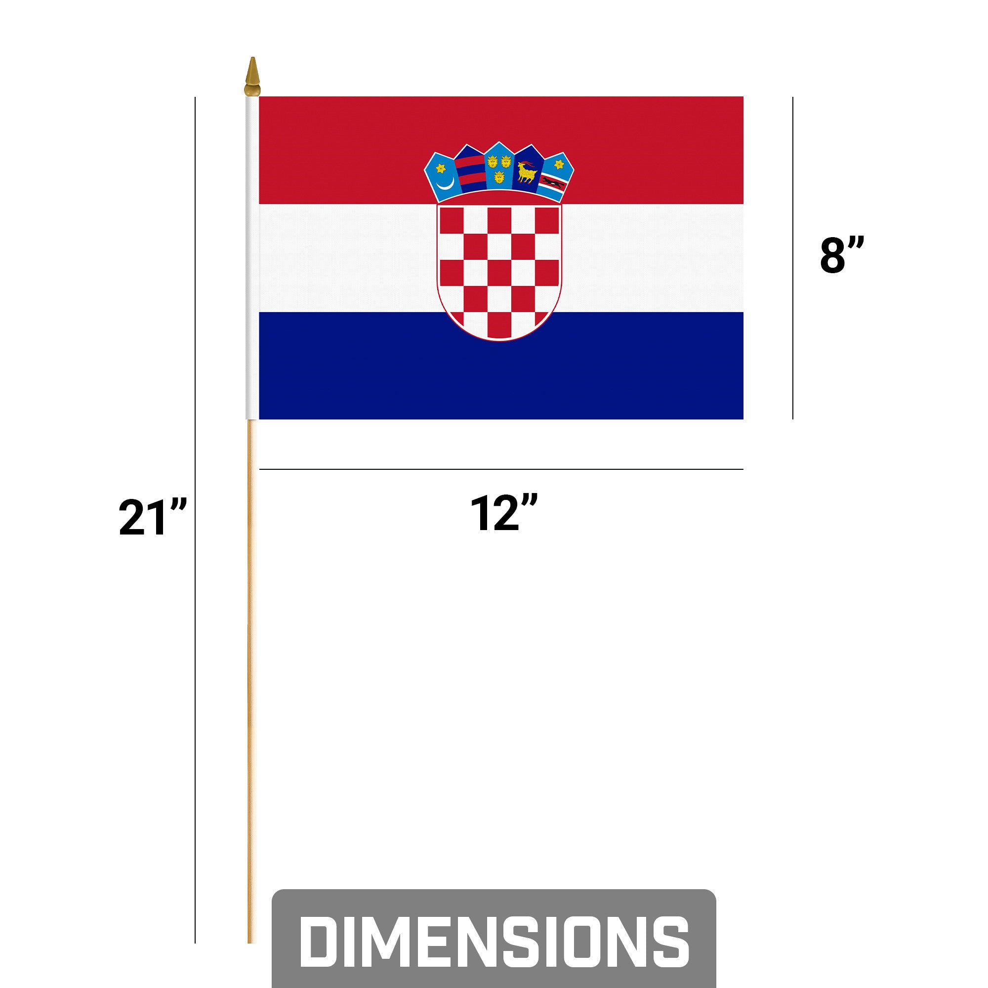 G128 24 Pack Handheld Croatia Croatian Stick Flags | 8x12 In | Printed 150D Polyester, Country Flag, Solid Wooden Stick, Spear Gold Tip