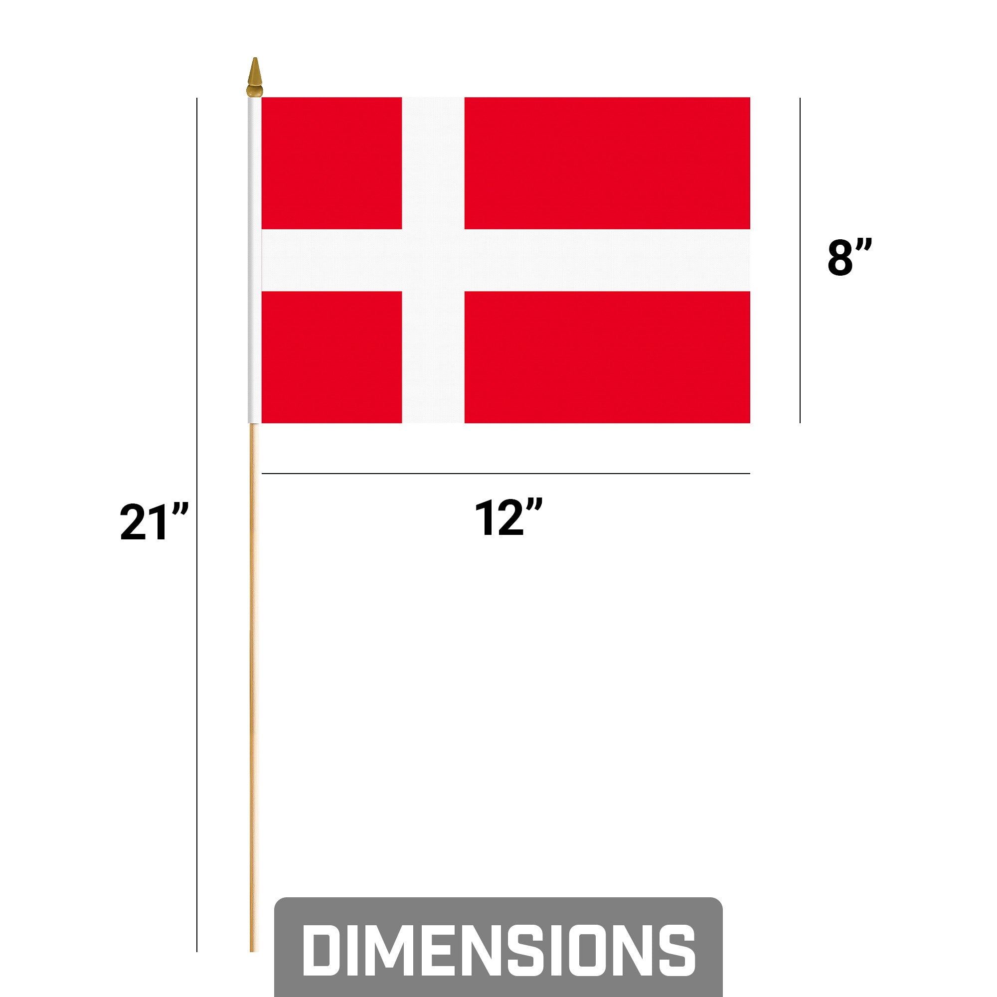 G128 12 Pack Handheld Denmark Danish Stick Flags | 8x12 In | Printed 150D Polyester, Country Flag, Solid Wooden Stick, Spear Gold Tip