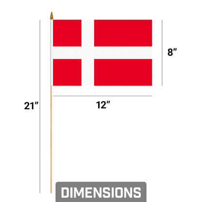 G128 30 Pack Handheld Denmark Danish Stick Flags | 8x12 In | Printed 150D Polyester, Country Flag, Solid Wooden Stick, Spear Gold Tip