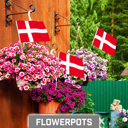 G128 50 Pack Handheld Denmark Danish Stick Flags | 8x12 In | Printed 150D Polyester, Country Flag, Solid Wooden Stick, Spear Gold Tip
