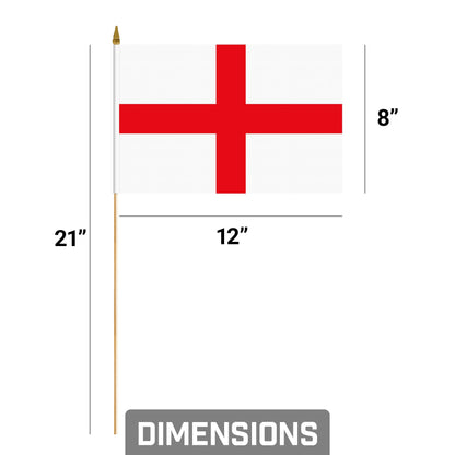 G128 24 Pack Handheld England English Stick Flags | 8x12 In | Printed 150D Polyester, Country Flag, Solid Wooden Stick, Spear Gold Tip