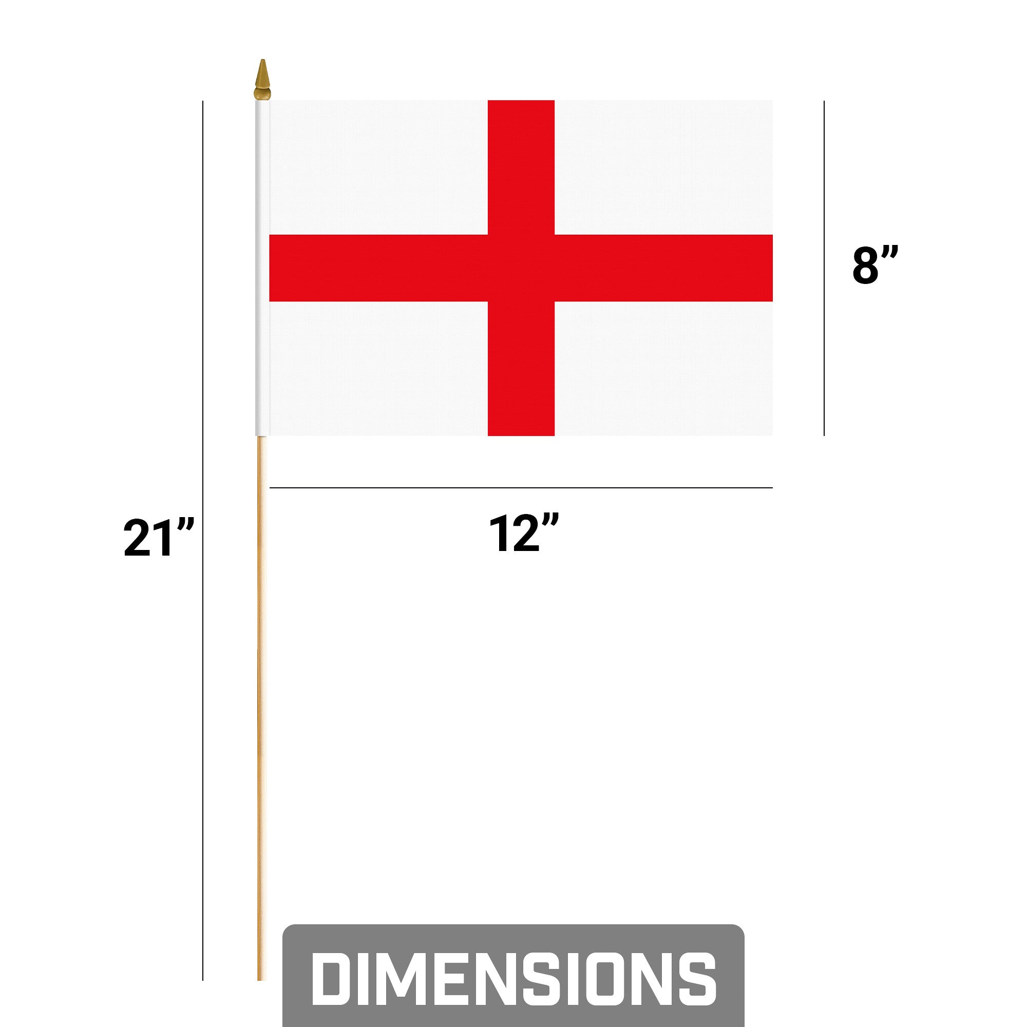 G128 30 Pack Handheld England English Stick Flags | 8x12 In | Printed 150D Polyester, Country Flag, Solid Wooden Stick, Spear Gold Tip