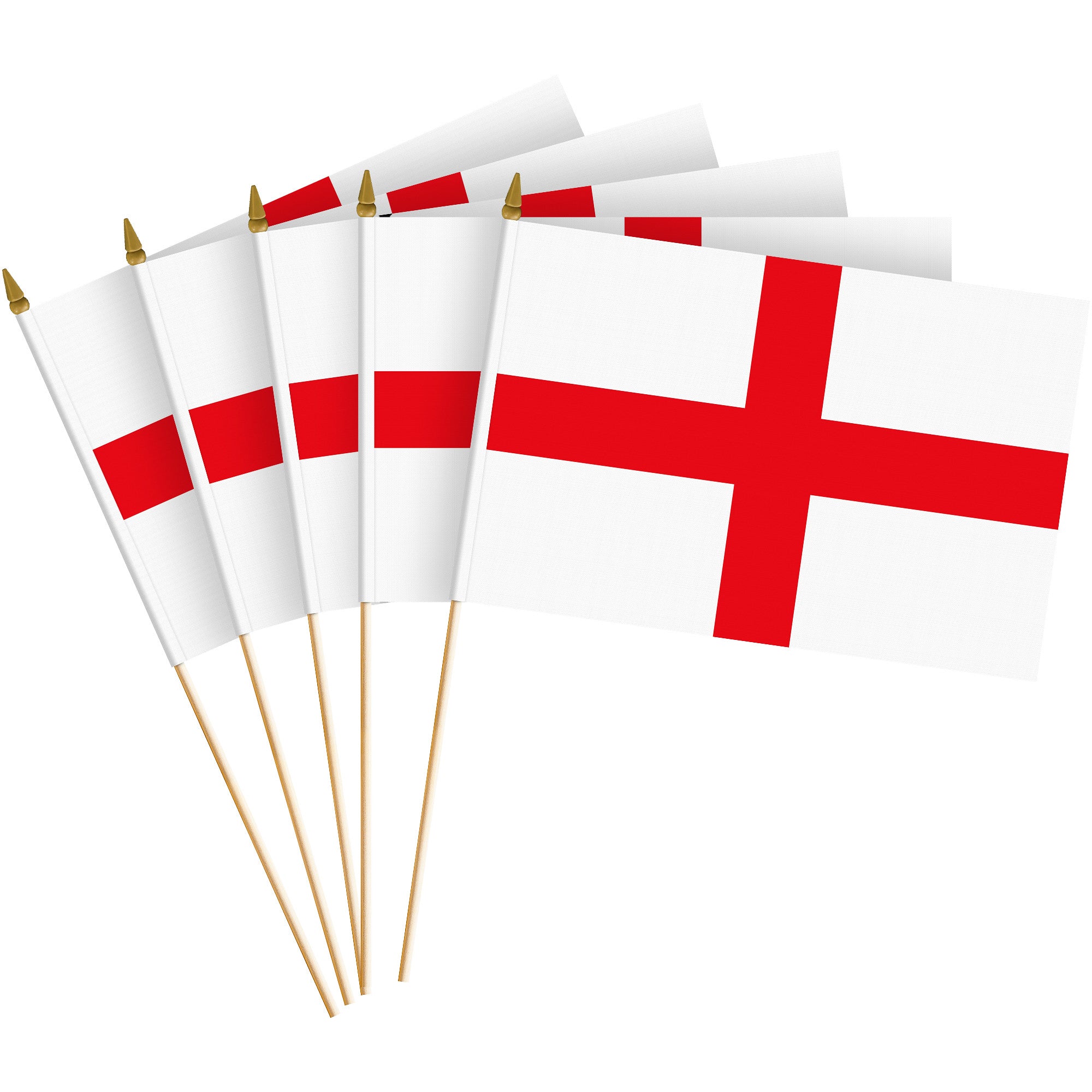 G128 30 Pack Handheld England English Stick Flags | 8x12 In | Printed 150D Polyester, Country Flag, Solid Wooden Stick, Spear Gold Tip