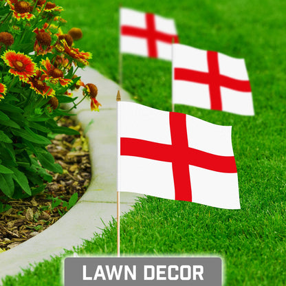 G128 50 Pack Handheld England English Stick Flags | 8x12 In | Printed 150D Polyester, Country Flag, Solid Wooden Stick, Spear Gold Tip