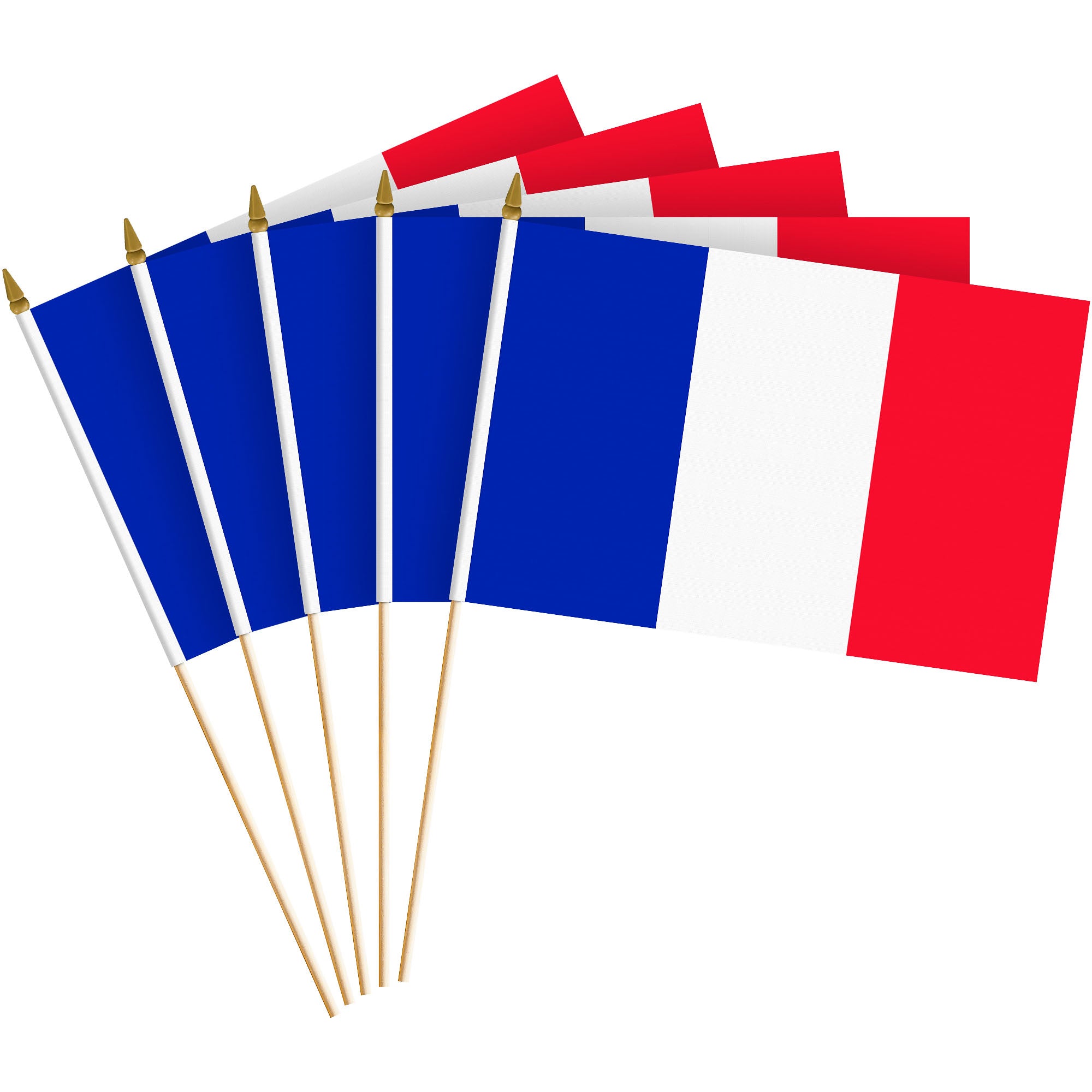 G128 30 Pack Handheld France French Stick Flags | 8x12 In | Printed 150D Polyester, Country Flag, Solid Wooden Stick, Spear Gold Tip