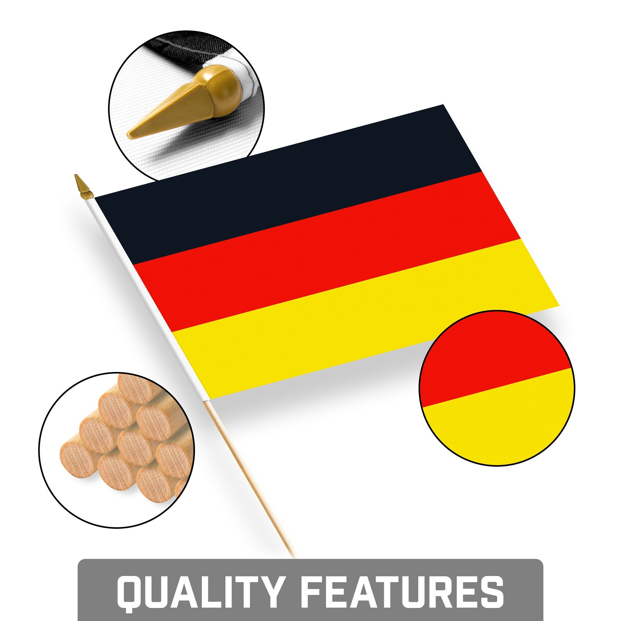 G128 12 Pack Handheld Germany German Stick Flags | 8x12 In | Printed 150D Polyester, Country Flag, Solid Wooden Stick, Spear Gold Tip