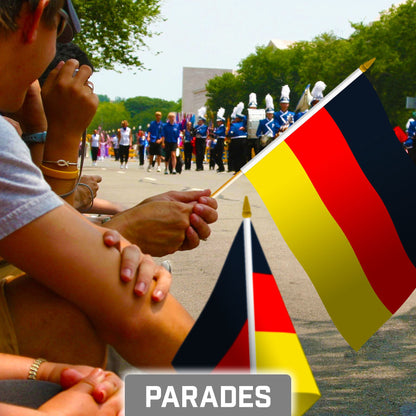 G128 12 Pack Handheld Germany German Stick Flags | 8x12 In | Printed 150D Polyester, Country Flag, Solid Wooden Stick, Spear Gold Tip