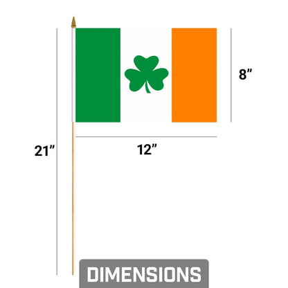 G128 30 Pack Handheld Ireland Shamrock Irish Stick Flags | 8x12 In | Printed 150D Polyester, Country Flag, Solid Wooden Stick, Spear Gold Tip