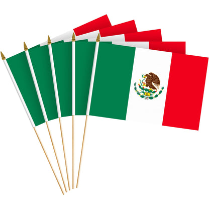G128 30 Pack Handheld Mexico Mexican Stick Flags | 8x12 In | Printed 150D Polyester, Country Flag, Solid Wooden Stick, Spear Gold Tip