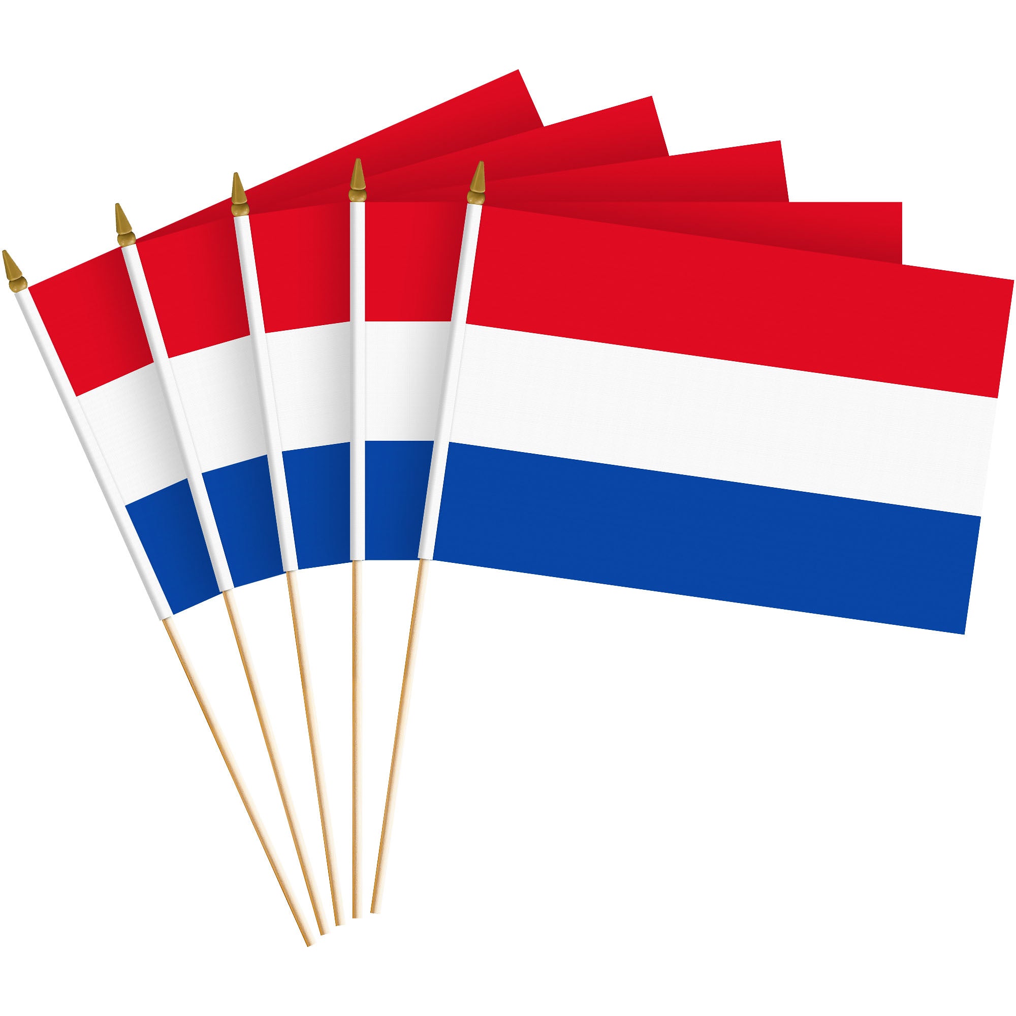 G128 50 Pack Handheld Netherlands Dutch Stick Flags | 8x12 In | Printed 150D Polyester, Country Flag, Solid Wooden Stick, Spear Gold Tip