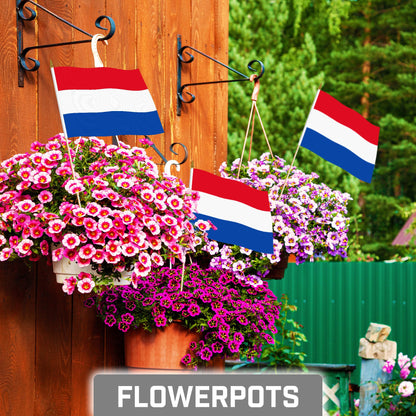 G128 50 Pack Handheld Netherlands Dutch Stick Flags | 8x12 In | Printed 150D Polyester, Country Flag, Solid Wooden Stick, Spear Gold Tip