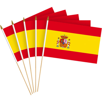 G128 30 Pack Handheld Spain Spanish Stick Flags | 8x12 In | Printed 150D Polyester, Country Flag, Solid Wooden Stick, Spear Gold Tip