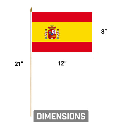 G128 24 Pack Handheld Spain Spanish Stick Flags | 8x12 In | Printed 150D Polyester, Country Flag, Solid Wooden Stick, Spear Gold Tip