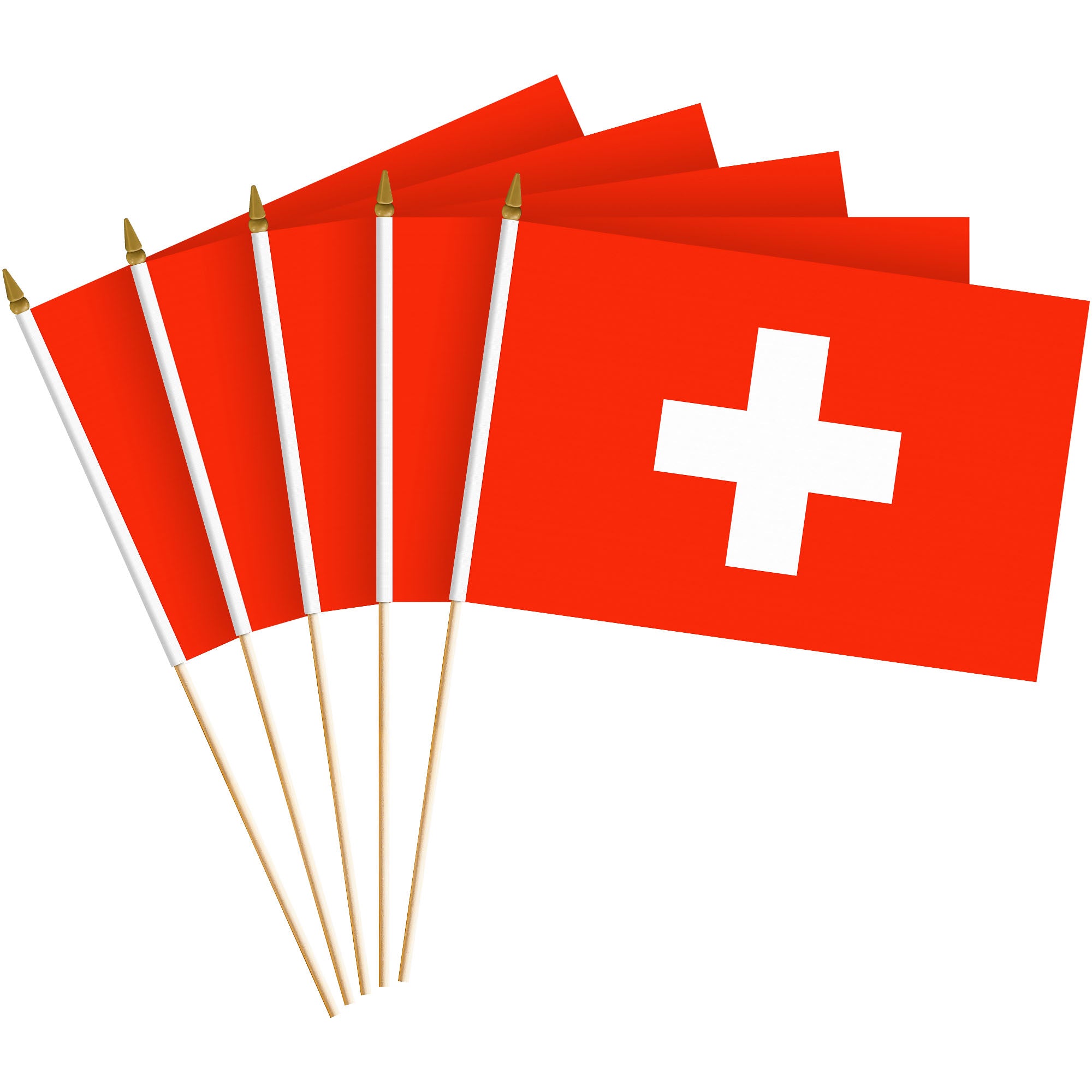G128 24 Pack Handheld Switzerland Swiss Stick Flags | 8x12 In | Printed 150D Polyester, Country Flag, Solid Wooden Stick, Spear Gold Tip