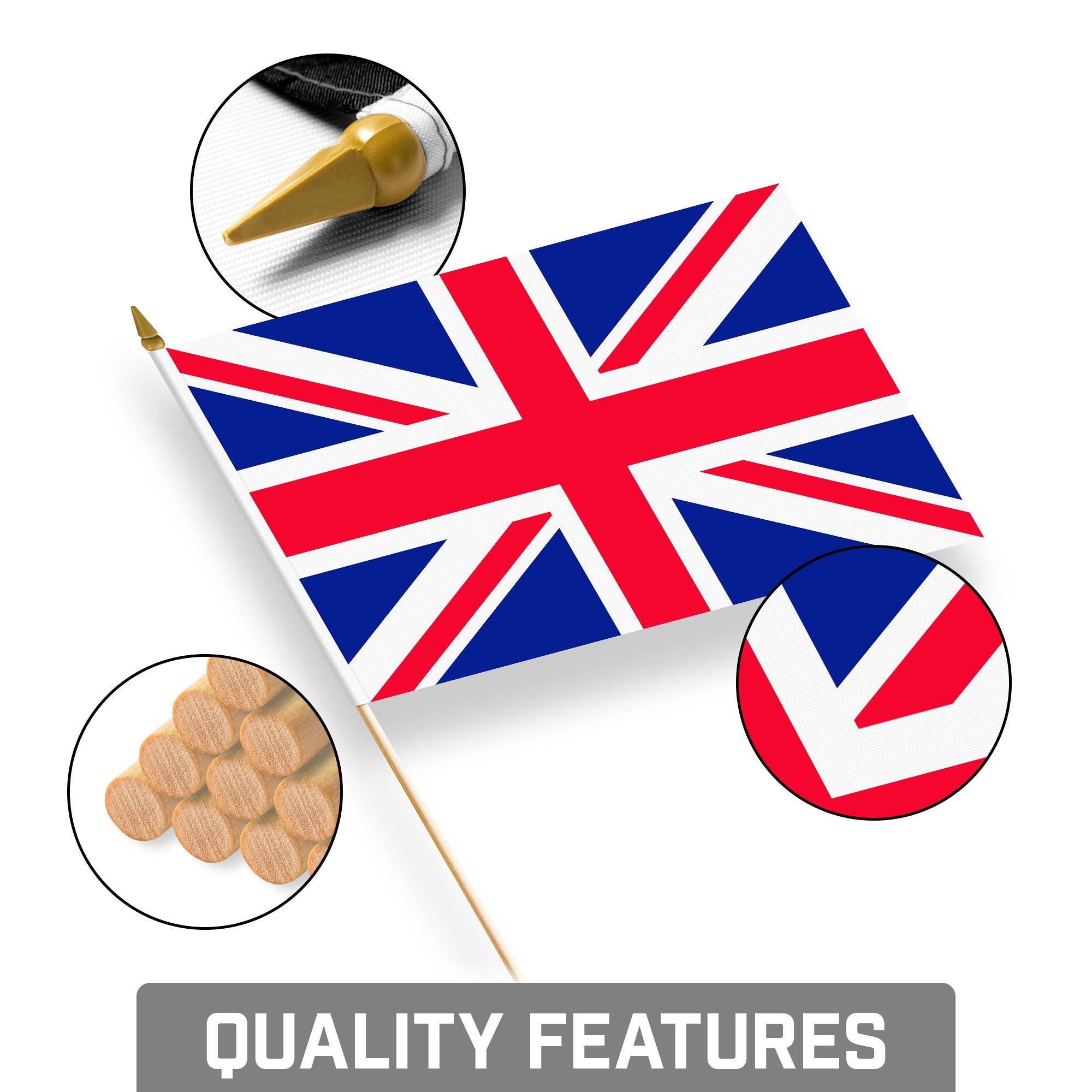 G128 24 Pack Handheld United Kingdom UK Stick Flags | 8x12 In | Printed 150D Polyester, Country Flag, Solid Wooden Stick, Spear Gold Tip