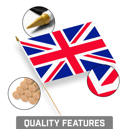 G128 24 Pack Handheld United Kingdom UK Stick Flags | 8x12 In | Printed 150D Polyester, Country Flag, Solid Wooden Stick, Spear Gold Tip