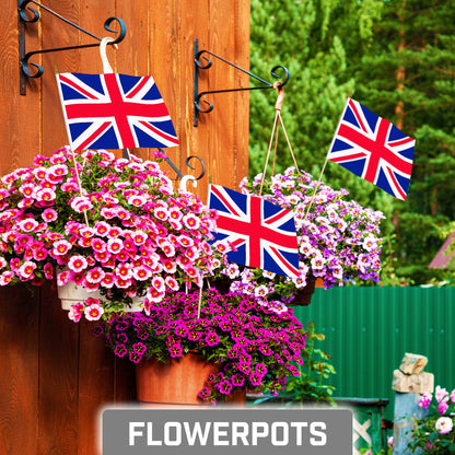 G128 12 Pack Handheld United Kingdom UK Stick Flags | 8x12 In | Printed 150D Polyester, Country Flag, Solid Wooden Stick, Spear Gold Tip