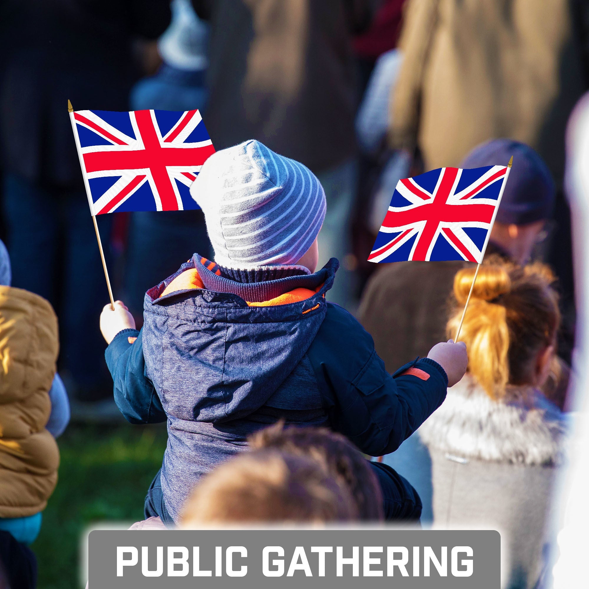 G128 50 Pack Handheld United Kingdom UK Stick Flags | 8x12 In | Printed 150D Polyester, Country Flag, Solid Wooden Stick, Spear Gold Tip