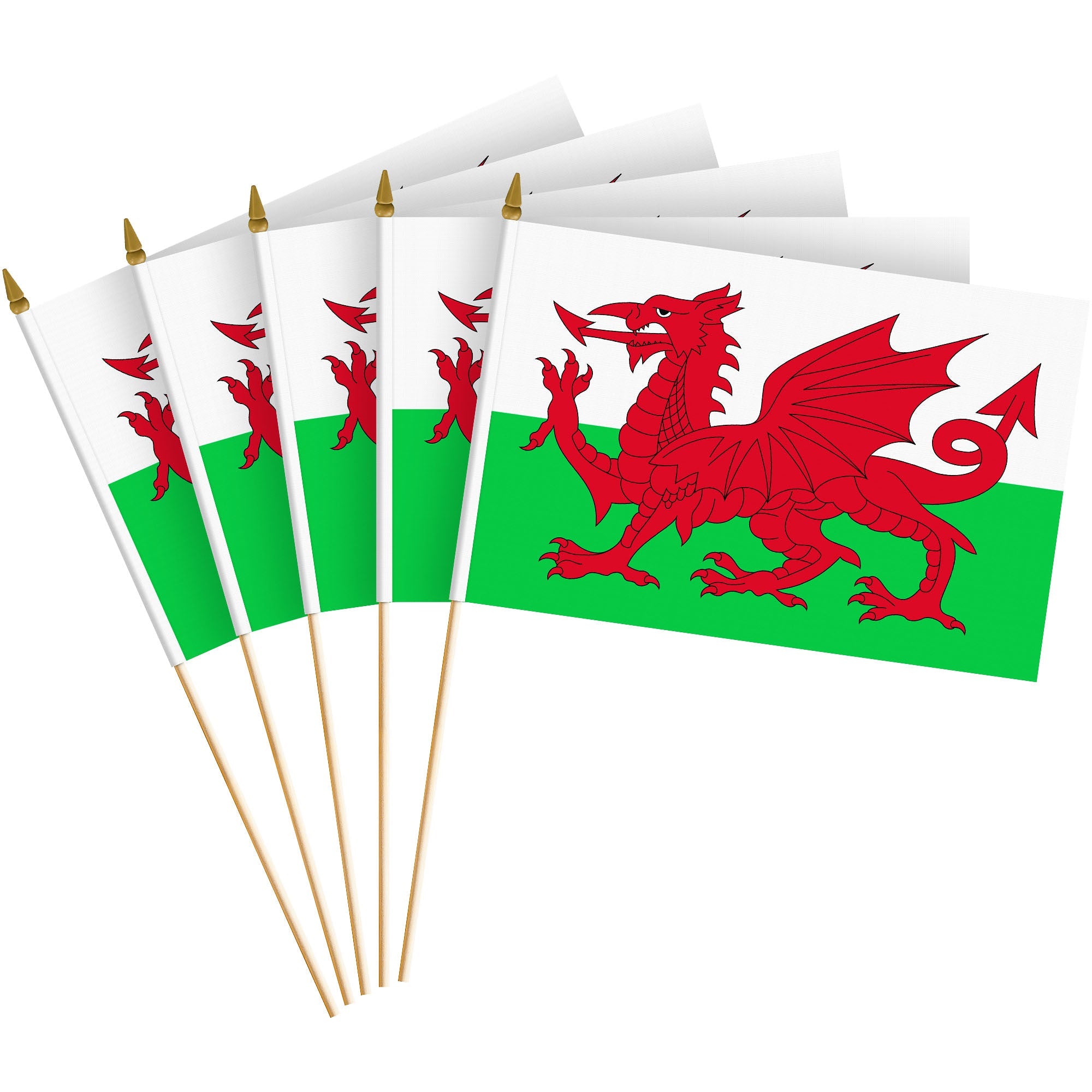 G128 24 Pack Handheld Wales Welsh Stick Flags | 8x12 In | Printed 150D Polyester, Country Flag, Solid Wooden Stick, Spear Gold Tip