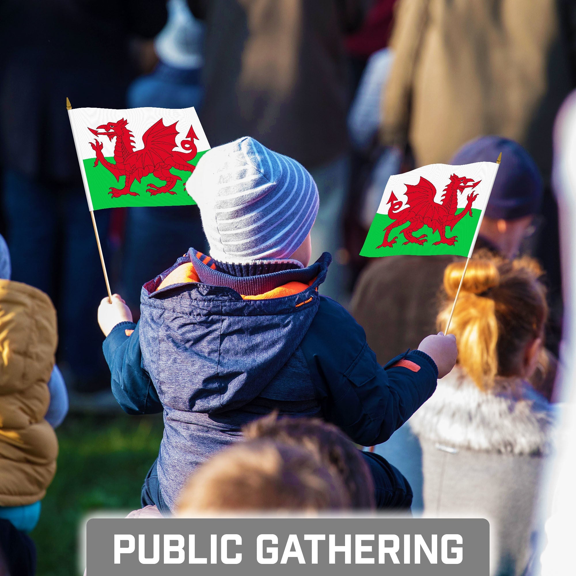 G128 30 Pack Handheld Wales Welsh Stick Flags | 8x12 In | Printed 150D Polyester, Country Flag, Solid Wooden Stick, Spear Gold Tip