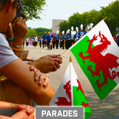 G128 24 Pack Handheld Wales Welsh Stick Flags | 8x12 In | Printed 150D Polyester, Country Flag, Solid Wooden Stick, Spear Gold Tip