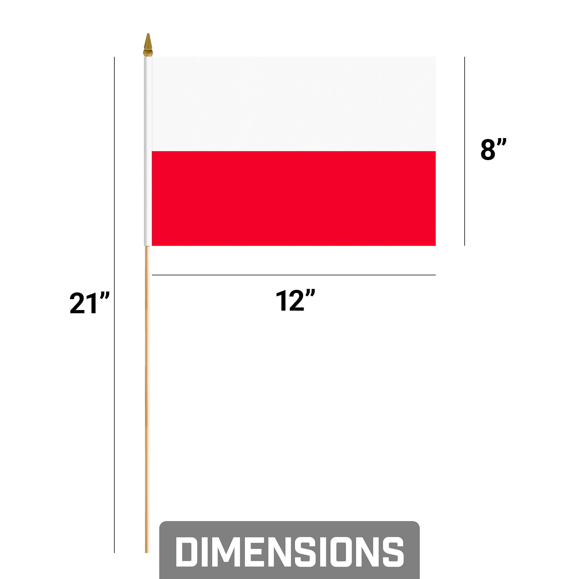 G128 30 Pack Handheld Poland Polish Stick Flags | 8x12 In | Printed 150D Polyester, Country Flag, Solid Wooden Stick, Spear Gold Tip