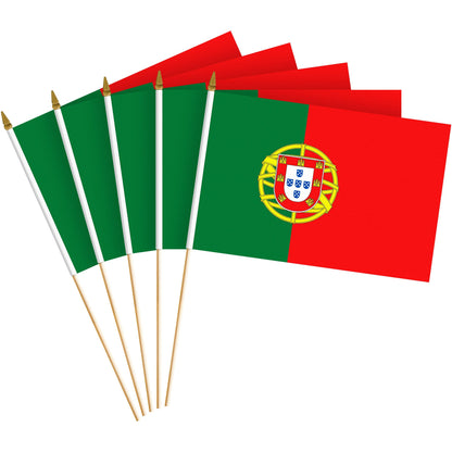 G128 12 Pack Handheld Portugal Portuguese Stick Flags | 8x12 In | Printed 150D Polyester, Country Flag, Solid Wooden Stick, Spear Gold Tip