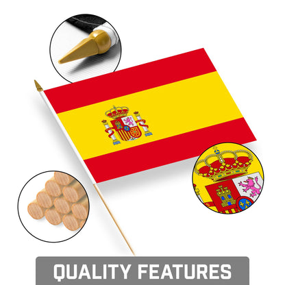 G128 24 Pack Handheld Spain Spanish Stick Flags | 8x12 In | Printed 150D Polyester, Country Flag, Solid Wooden Stick, Spear Gold Tip