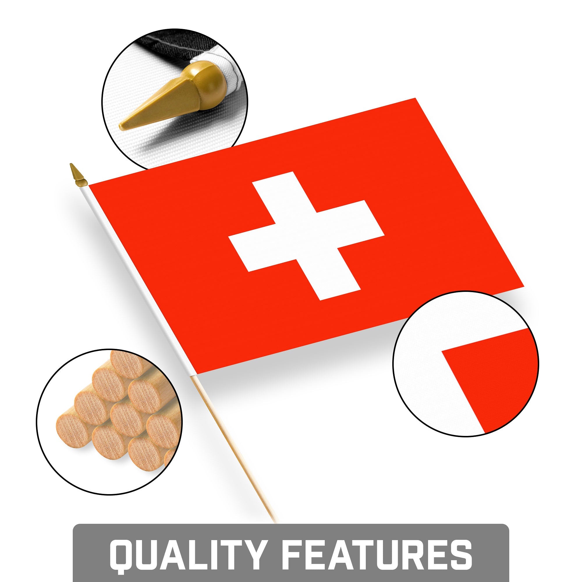 G128 30 Pack Handheld Switzerland Swiss Stick Flags | 8x12 In | Printed 150D Polyester, Country Flag, Solid Wooden Stick, Spear Gold Tip